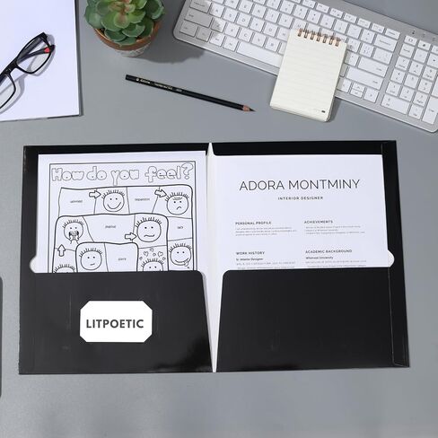 2 مجلدات ورقية لامعة ومغلفة بجيبين، مجلد عرض بحجم حرف كبير، مجلد محفظة بجيبين للوازم المدرسية، مكتب المعلم، المنزل والأعمال (أسود، صندوق مكون من 50 قطعة) in Kuwait