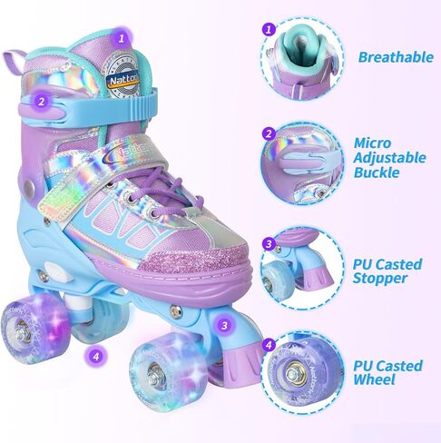 Nattork Roller Skates for Kids Boys Girls, 4 Size Adjustable Rollerskates with Light Up Wheels for Children Beginners for Outdoor Indoor in Kuwait