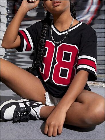 خطاب Verdusa Girl Print فضفاض T Shirt v الرقبة نصف الأكمام قمم Tee Tops in Kuwait