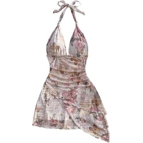 Verdusa Women's Floral Tiered Layered Halter Dress Ruched Backless Mini Dresses in Kuwait