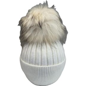 by Loowie Beanie White Knit Cable Hat wiith Fur White Touches of Black and Camel Color in Pom Pom in Saudi Arabia
