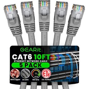 GearIT RJ45 Cat 6 Ethernet Patch Cable (5-Pack) for TV, Modem, PC Gaming, 10Gbps, Gold-Plated Connectors, Snagless, Network Cable, Internet Cable, 3 Feet, White in Saudi Arabia
