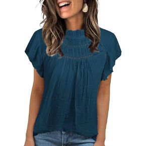 Blouses for Women Summer Tops 2025 Trendy Ruffle Sleeves Mock Neck T Shirts Pleated Front Loose Fit Work Blouse in Kuwait