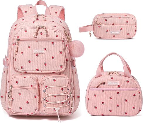 Fimibuke School Backpack for Girls Boys - 3PCS Corduroy Kids Backpack Set with Lunch Box & Pencil Pouch, Lightweight Teen Girls School Bag Laptop Bag Travel Daypack for Elementary Middle High School in Kuwait