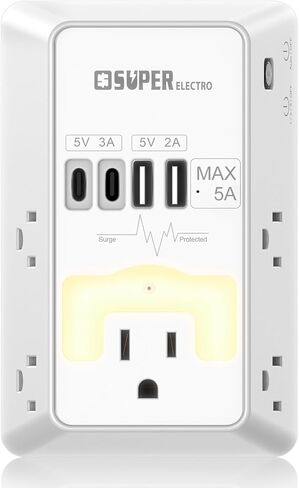 Multi Plug Wall Outlet, USB Wall Charger Surge Protector with USB Timer,5 Outlet Extender with 4 USB Charging Ports (5V 5A),3-Sided 1200J Power Strip Multi Plug Adapter for Home Office,ETL Listed in Saudi Arabia
