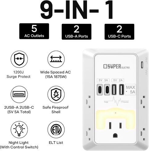 Multi Plug Wall Outlet, USB Wall Charger Surge Protector with USB Timer,5 Outlet Extender with 4 USB Charging Ports (5V 5A),3-Sided 1200J Power Strip Multi Plug Adapter for Home Office,ETL Listed in Saudi Arabia