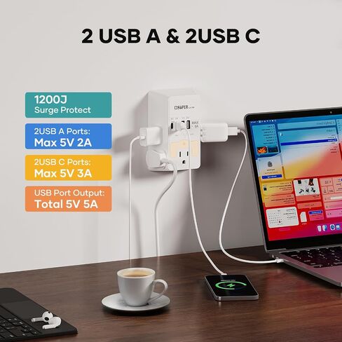 Multi Plug Wall Outlet, USB Wall Charger Surge Protector with USB Timer,5 Outlet Extender with 4 USB Charging Ports (5V 5A),3-Sided 1200J Power Strip Multi Plug Adapter for Home Office,ETL Listed in Saudi Arabia