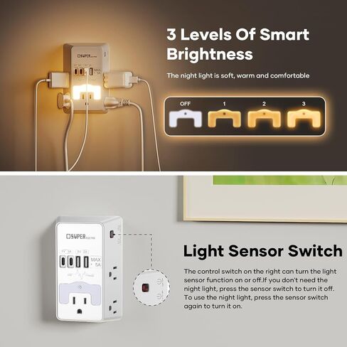 Multi Plug Wall Outlet, USB Wall Charger Surge Protector with USB Timer,5 Outlet Extender with 4 USB Charging Ports (5V 5A),3-Sided 1200J Power Strip Multi Plug Adapter for Home Office,ETL Listed in Saudi Arabia