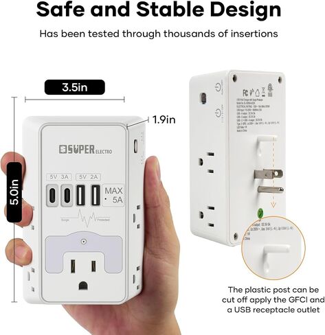 Multi Plug Wall Outlet, USB Wall Charger Surge Protector with USB Timer,5 Outlet Extender with 4 USB Charging Ports (5V 5A),3-Sided 1200J Power Strip Multi Plug Adapter for Home Office,ETL Listed in Saudi Arabia