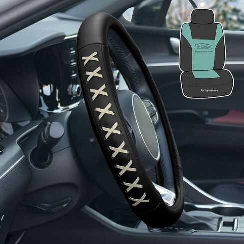 FH Group Universal 15 Inch Genuine Leather Steering Wheel Cover with Lace-Up Detailing -Universal Fit for Cars Trucks and SUVs (Yellow/Black) FH2022 in Saudi Arabia