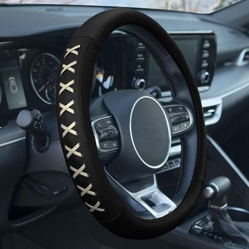 FH Group Universal 15 Inch Genuine Leather Steering Wheel Cover with Lace-Up Detailing -Universal Fit for Cars Trucks and SUVs (Yellow/Black) FH2022 in Saudi Arabia