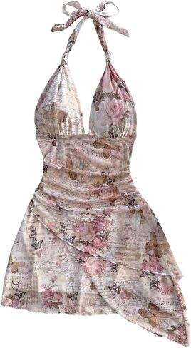 Verdusa Women's Floral Tiered Layered Halter Dress Ruched Backless Mini Dresses in Kuwait