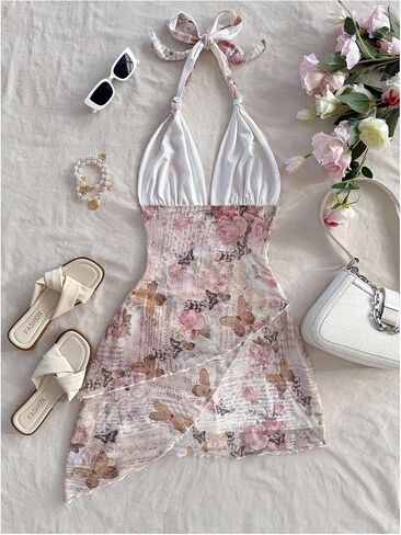 Verdusa Women's Floral Tiered Layered Halter Dress Ruched Backless Mini Dresses in Kuwait