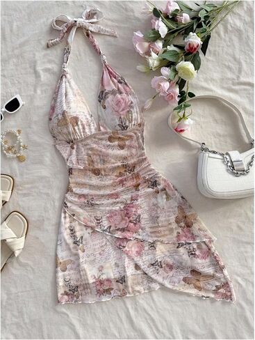 Verdusa Women's Floral Tiered Layered Halter Dress Ruched Backless Mini Dresses in Kuwait