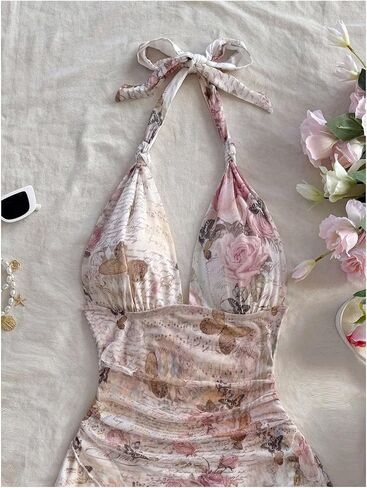 Verdusa Women's Floral Tiered Layered Halter Dress Ruched Backless Mini Dresses in Kuwait