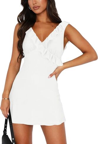 Owin Women's Sexy v Neck Olcyless Mesh Ruffles Cocktail Mini Dresses Body Bodycon Short Club Party Dress in Kuwait