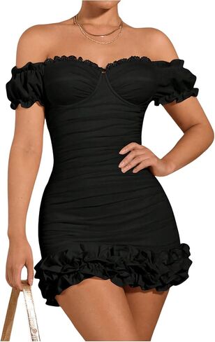 Wdirara Women's Off Houtgle Puff Sleeve Bodycon Body Dress Cocktail Party Mini Dress in Saudi Arabia