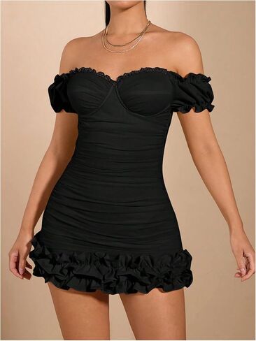 Wdirara Women's Off Houtgle Puff Sleeve Bodycon Body Dress Cocktail Party Mini Dress in Saudi Arabia