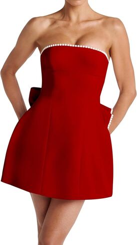 Azhong Women's Summer Sexy Strapless A-Line Sleeveless Mini Dress Off The Shoulder Backless Cute Pearl Bow Dress in Kuwait