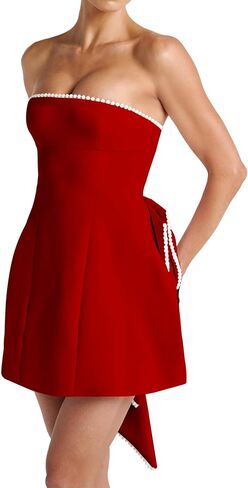 Azhong Women's Summer Sexy Strapless A-Line Sleeveless Mini Dress Off The Shoulder Backless Cute Pearl Bow Dress in Kuwait