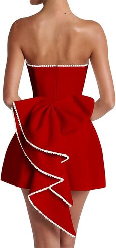 Azhong Women's Summer Sexy Strapless A-Line Sleeveless Mini Dress Off The Shoulder Backless Cute Pearl Bow Dress in Kuwait