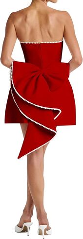 Azhong Women's Summer Sexy Strapless A-Line Sleeveless Mini Dress Off The Shoulder Backless Cute Pearl Bow Dress in Kuwait