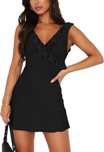 Owin Women's Sexy v Neck Olcyless Mesh Ruffles Cocktail Mini Dresses Body Bodycon Short Club Party Dress in Kuwait