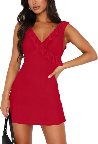 OWIN Women's Sexy V Neck Sleeveless Mesh Ruffles Cocktail Mini Dresses Backless Bodycon Short Club Party Dress in Kuwait