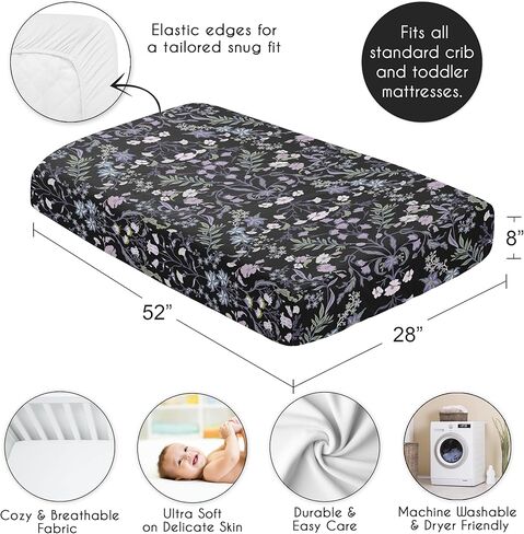 Sweet Jojo Designs Black Purple Boho Wildflower Vintage Finoral Girl Baby Crib Crib Sheet Infant Newborn Nustery Toddler Bed Room Standard Lavender Bohemian Farmhouse Botanical Cottagecore in Kuwait