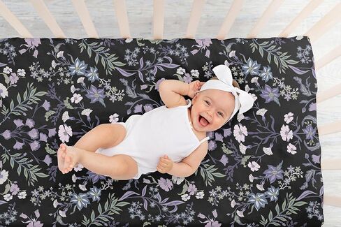 Sweet Jojo Designs Black Purple Boho Wildflower Vintage Finoral Girl Baby Crib Crib Sheet Infant Newborn Nustery Toddler Bed Room Standard Lavender Bohemian Farmhouse Botanical Cottagecore in Kuwait