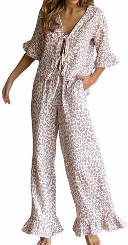 Womens Cotton Pajama Set Ruffle 2 Piece Tie Front Shirt and Long Pants Cute Printed Sleepwear in Kuwait
