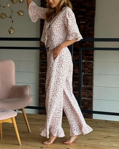 Womens Cotton Pajama Set Ruffle 2 Piece Tie Front Shirt and Long Pants Cute Printed Sleepwear in Kuwait