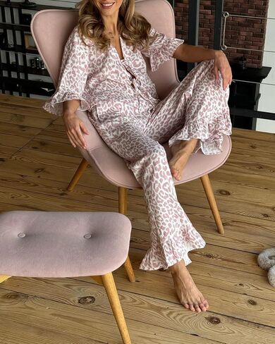 Womens Cotton Pajama Set Ruffle 2 Piece Tie Front Shirt and Long Pants Cute Printed Sleepwear in Kuwait