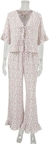 Womens Cotton Pajama Set Ruffle 2 Piece Tie Front Shirt and Long Pants Cute Printed Sleepwear in Kuwait