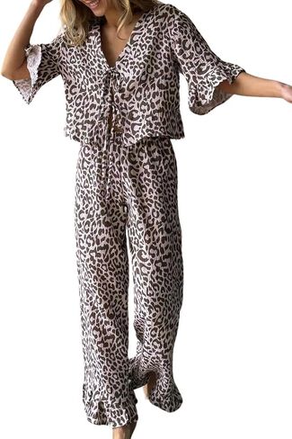 Womens Cotton Pajama Set Ruffle 2 Piece Tie Front Shirt and Long Pants Cute Printed Sleepwear in Kuwait