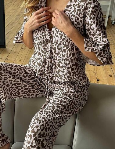Womens Cotton Pajama Set Ruffle 2 Piece Tie Front Shirt and Long Pants Cute Printed Sleepwear in Kuwait