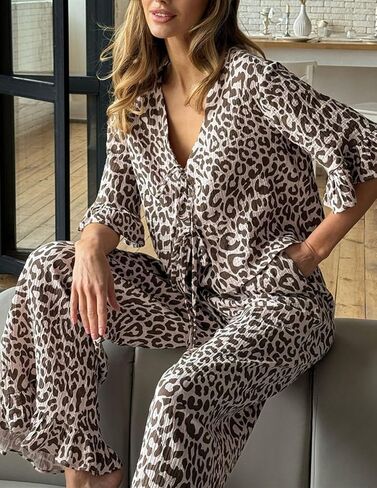 Womens Cotton Pajama Set Ruffle 2 Piece Tie Front Shirt and Long Pants Cute Printed Sleepwear in Kuwait