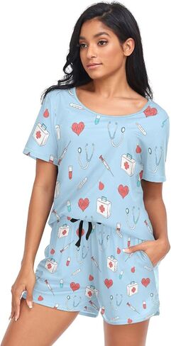 Womens Pajama Sets 2 Piece Loungewear Summer Comfy Short Sleeve Sleepwear Pj Set with Pockets for Home & Casual Wear in Kuwait