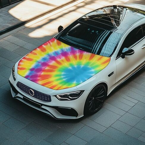 Tie Dye Spiral Car Hood Covers for Automobiles, Rainbow Gradient Tie-Dye 3X5FT Stretchable Polyester Suitable for Most Vehicles Sedans Trucks, Car Bonnet Banner in Kuwait