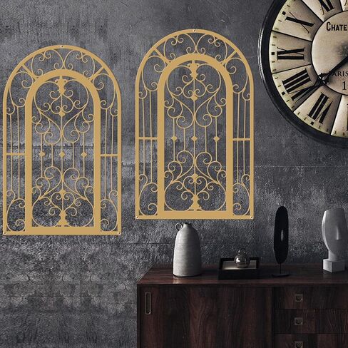 ruelen Metal Scroll Wall Decor -2 Piece Window Arch Wall Art,Wall Panels with Carved Iron. Rustic Farmhouse Style with Medallion Scroll Design for Living Room, Bathroom, Bedroom（ Black） in Kuwait