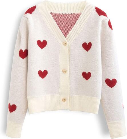 CHICWISH Women's Red/Ivory Soft Heart Cropped Knit Cardigan in Saudi Arabia
