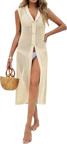 Saodimallsu Womens Crochet Beach التستر فوق الصيف أكمام سترة سترة متماسكة فوق الأزرار الطويلة in Saudi Arabia