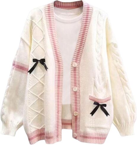 ebossy womens kawaii لطيف bowknot كابل متماسكة cardigans الأغنام v زر العنق لأسفل ترميمة معطف من الصوف in Saudi Arabia
