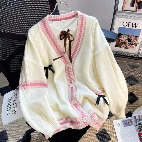 ebossy womens kawaii لطيف bowknot كابل متماسكة cardigans الأغنام v زر العنق لأسفل ترميمة معطف من الصوف in Saudi Arabia