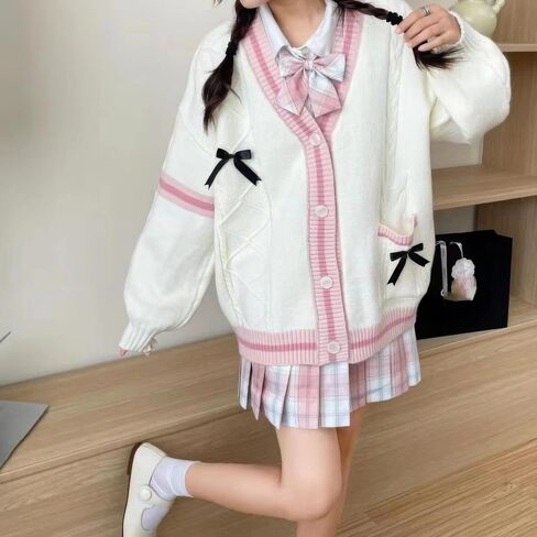 ebossy womens kawaii لطيف bowknot كابل متماسكة cardigans الأغنام v زر العنق لأسفل ترميمة معطف من الصوف in Saudi Arabia