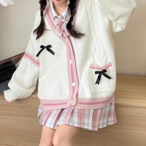 ebossy womens kawaii لطيف bowknot كابل متماسكة cardigans الأغنام v زر العنق لأسفل ترميمة معطف من الصوف in Saudi Arabia