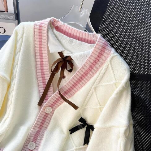 ebossy womens kawaii لطيف bowknot كابل متماسكة cardigans الأغنام v زر العنق لأسفل ترميمة معطف من الصوف in Saudi Arabia