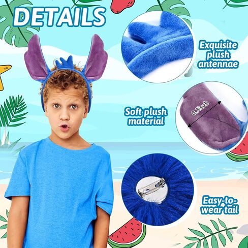 4 Pcs Blue Pink Hawaii Alien Dog Costume Set Bendable Ears Headband Pom Tail for Men Women Halloween Couples Cosplay Party Dress up in Saudi Arabia