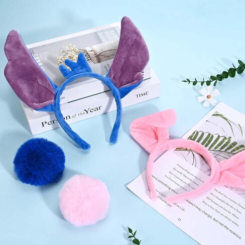 4 Pcs Blue Pink Hawaii Alien Dog Costume Set Bendable Ears Headband Pom Tail for Men Women Halloween Couples Cosplay Party Dress up in Saudi Arabia