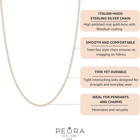 Peora Solid 925 Sterling Silver Italian Box Box Necklace - 1MM رقيقة ، متينة ، مجوهرات Hypoallergenic للنساء مع حلقة الربيع ، 16 ، 18 ، 20 ، 22 ، 24 بوصة in Saudi Arabia